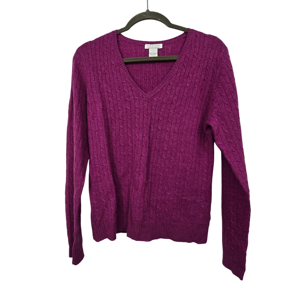 Tweeds 100% Cashmere Cable Knit Sweater Womens L Pink Purple V-Neck Pullover